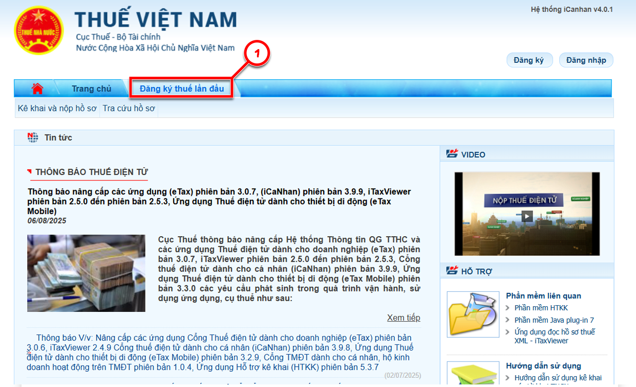 Bấm vào đăng ký thuế lần đầu