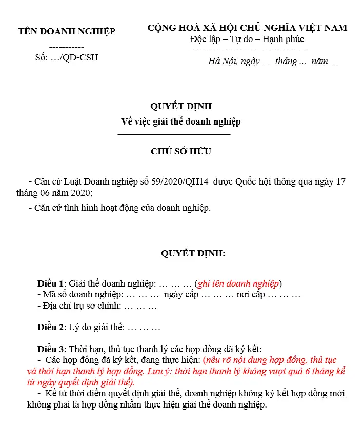 Mẫu giấy quyết định giải thể doanh nghiệp