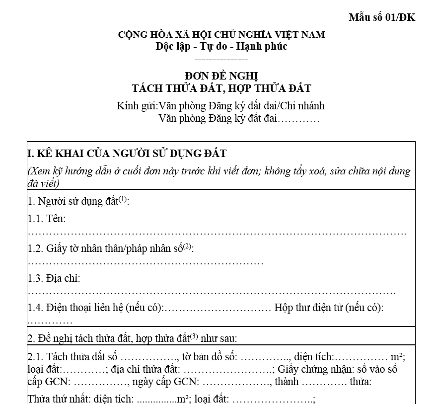 Tải mẫu đơn tách/hợp thửa miễn phí