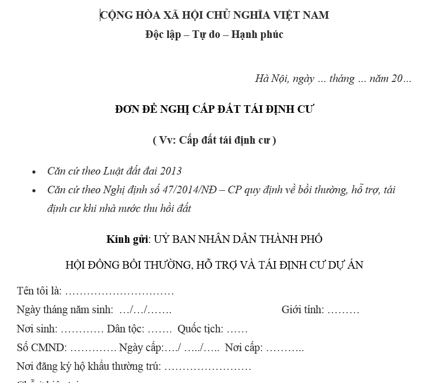 Mẫu đơn xin cấp đất tái định cư
