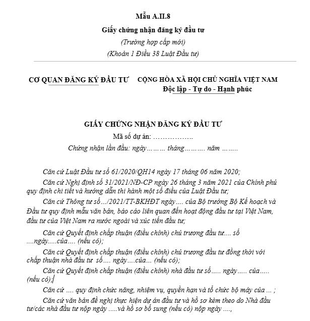 Mẫu giấy chứng nhận đăng ký đầu tư ra nước ngoài